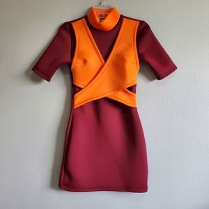 Sammy B Red and Orange Neoprene Mock neck Bodycon Mini Dress Size S